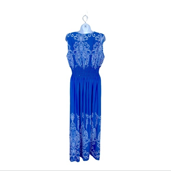 Summer NWT Dress Sleeveless Surplice Smock Waist Sleeveless Maxi Blue White S - Picture 8 of 10